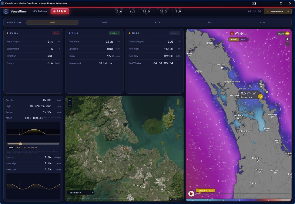 VesselNow Adventure and Surf dashboard with swell, wind and tides