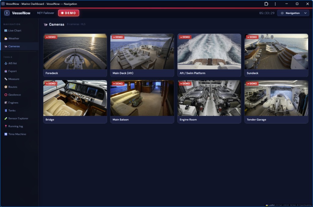 VesselNow camera grid — foredeck, bridge, engine room and more