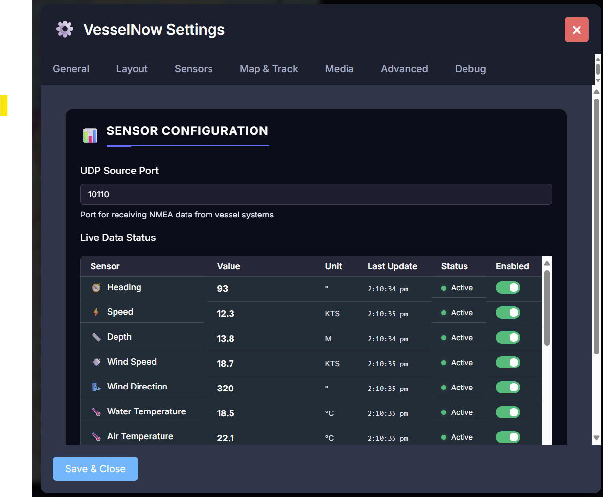 VesselNow Settings Panel